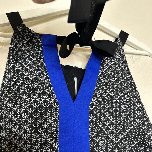 ICE Black Blue and White Elastic Waist Tie Back Handkercheif Hem Dress 12 - Picture 9 of 11
